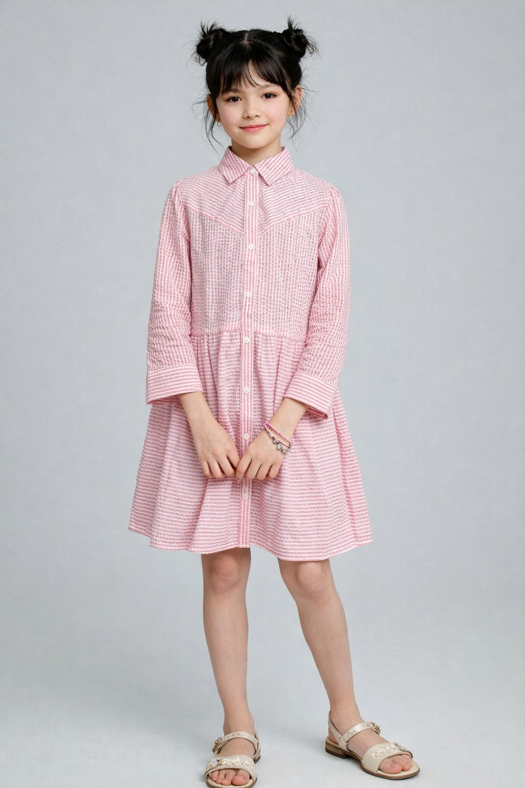 Pink White Collared Lining Front Open 3/4th Sleeves Shirt Dress for Kids Girls