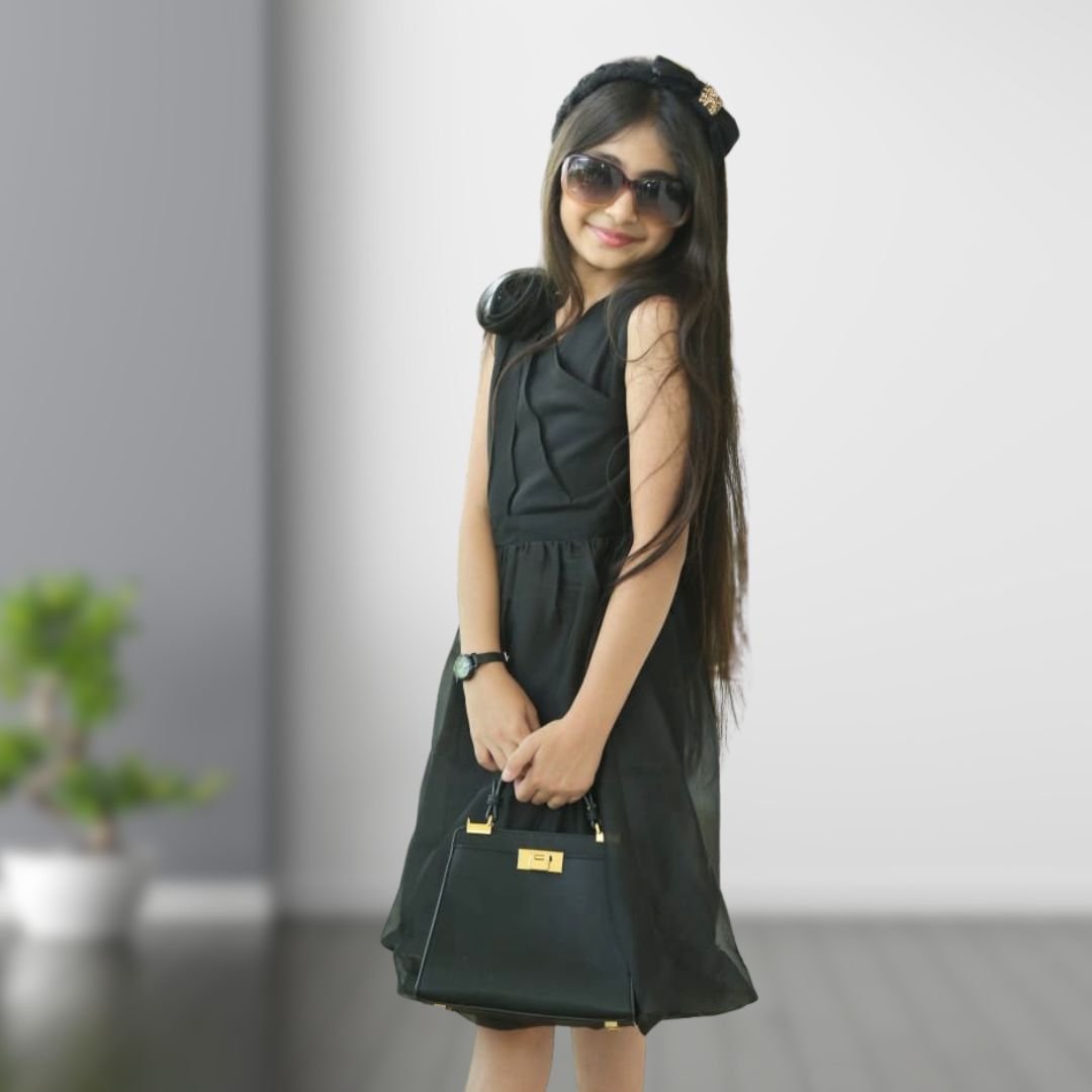 Black Hazel Rayon Girl Dress - Black & Gold