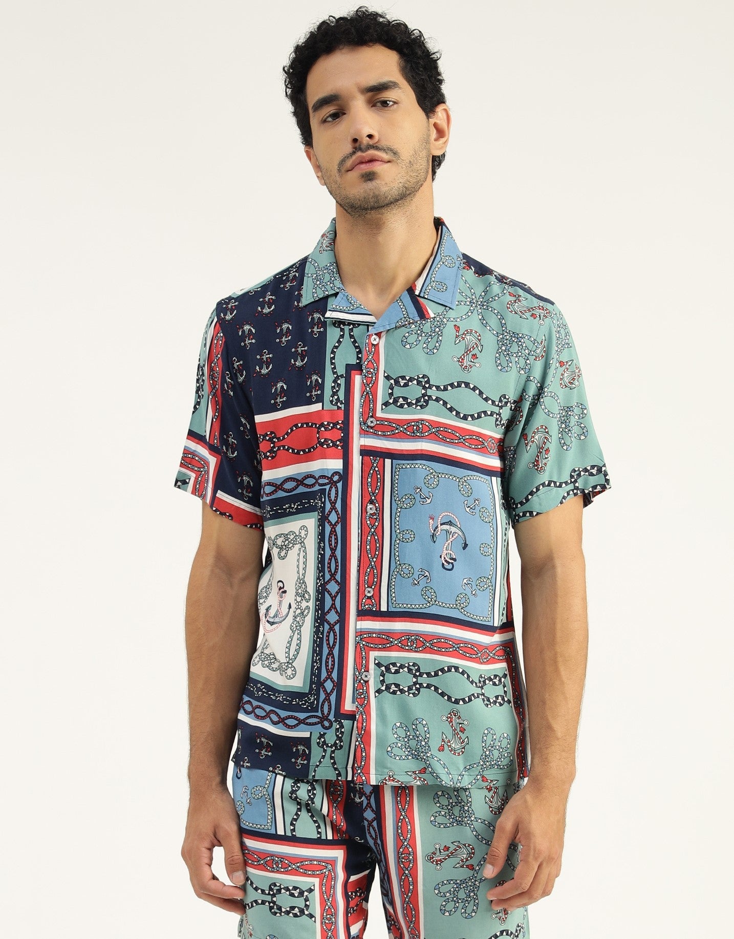 Blue Multi Color Printed Rayon Shirt for Men - Black & Gold