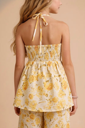 Halter Neck Yellow Digital floral Print Co-ord set for Girls in Natural Blended Fabric