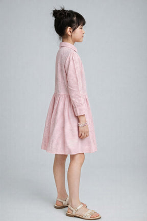 Pink White Collared Lining Front Open 3/4th Sleeves Shirt Dress for Kids Girls