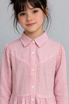 Pink White Collared Lining Front Open 3/4th Sleeves Shirt Dress for Kids Girls