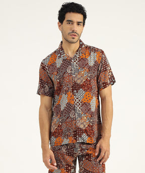 Elm Brown Printed Rayon Shirt for Men - Black & Gold