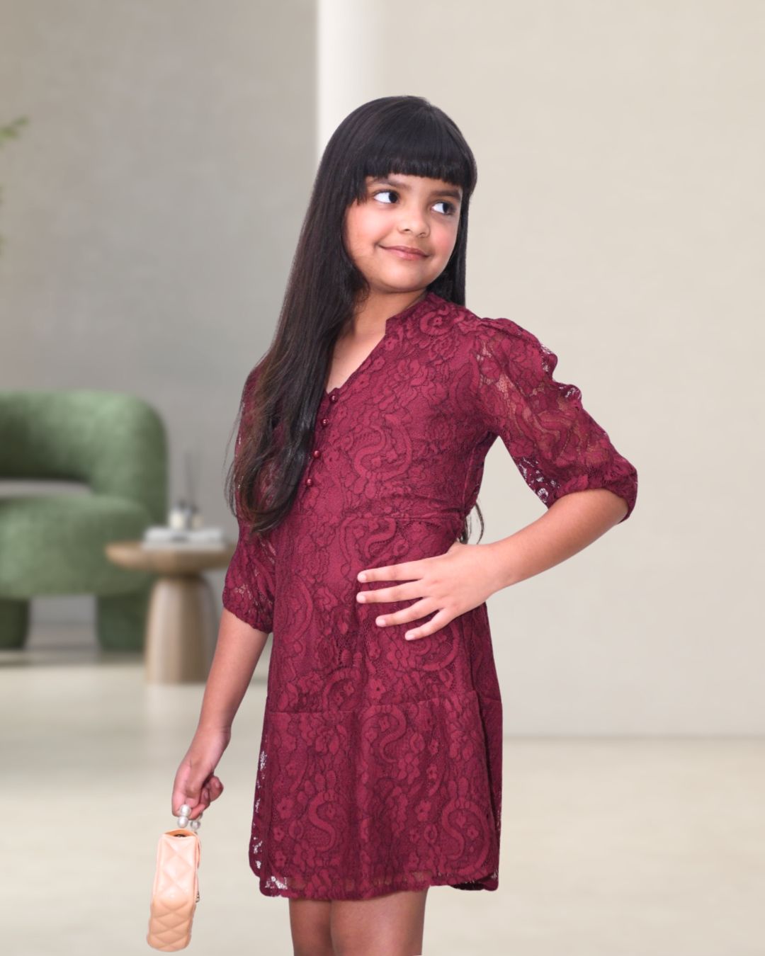 Erica Wine Lace Partwear Dress for Girls - Black & Gold