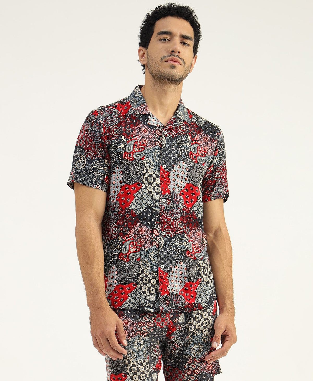 Grey Printed Rayon Shirt for Men - Black & Gold