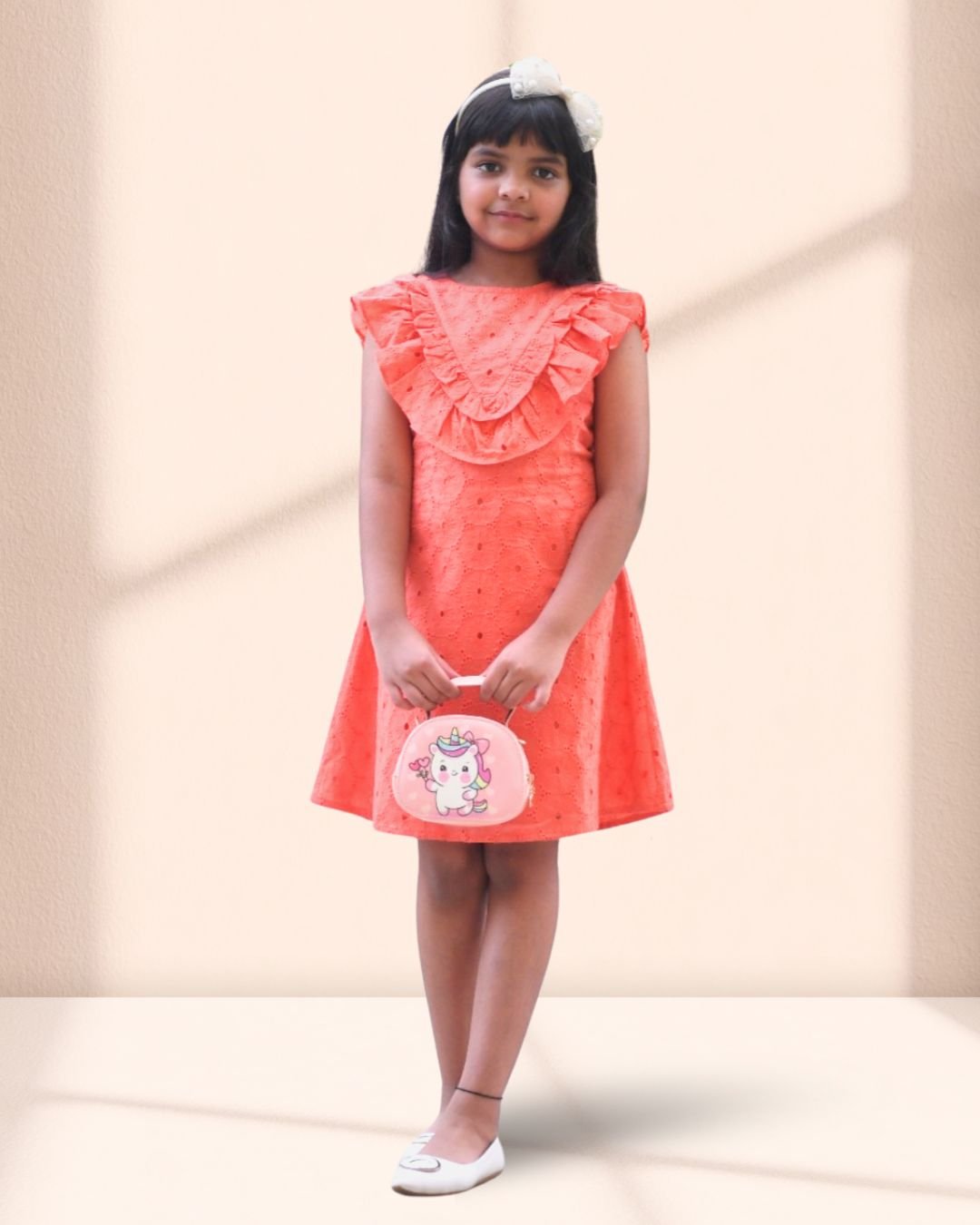 Kalina Orange Cotton Schflly Dress for Girls - Black & Gold