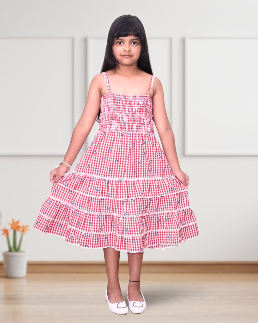 Marilla Red Checkered 3/4th Length Cotton Dress for Girls - Black & Gold