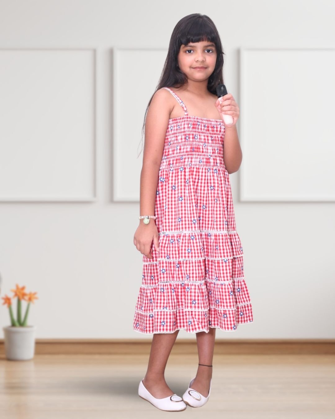 Marilla Red Checkered 3/4th Length Cotton Dress for Girls - Black & Gold