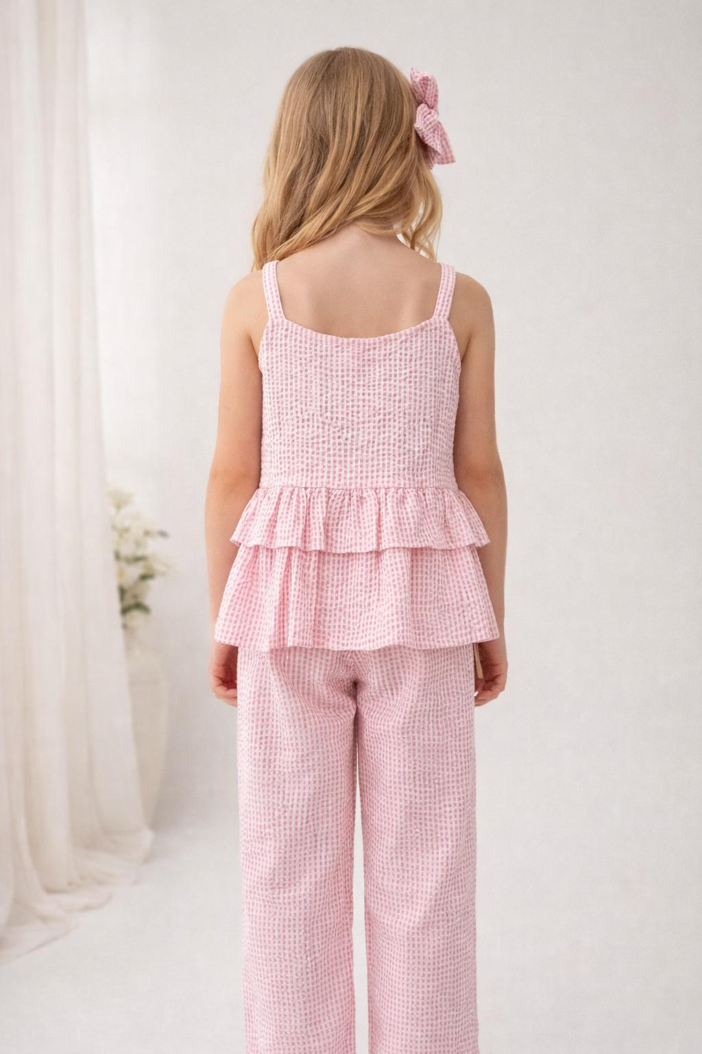Seer Sucker Cotton Sleeveless Baby Pink Co-ord set for Girls
