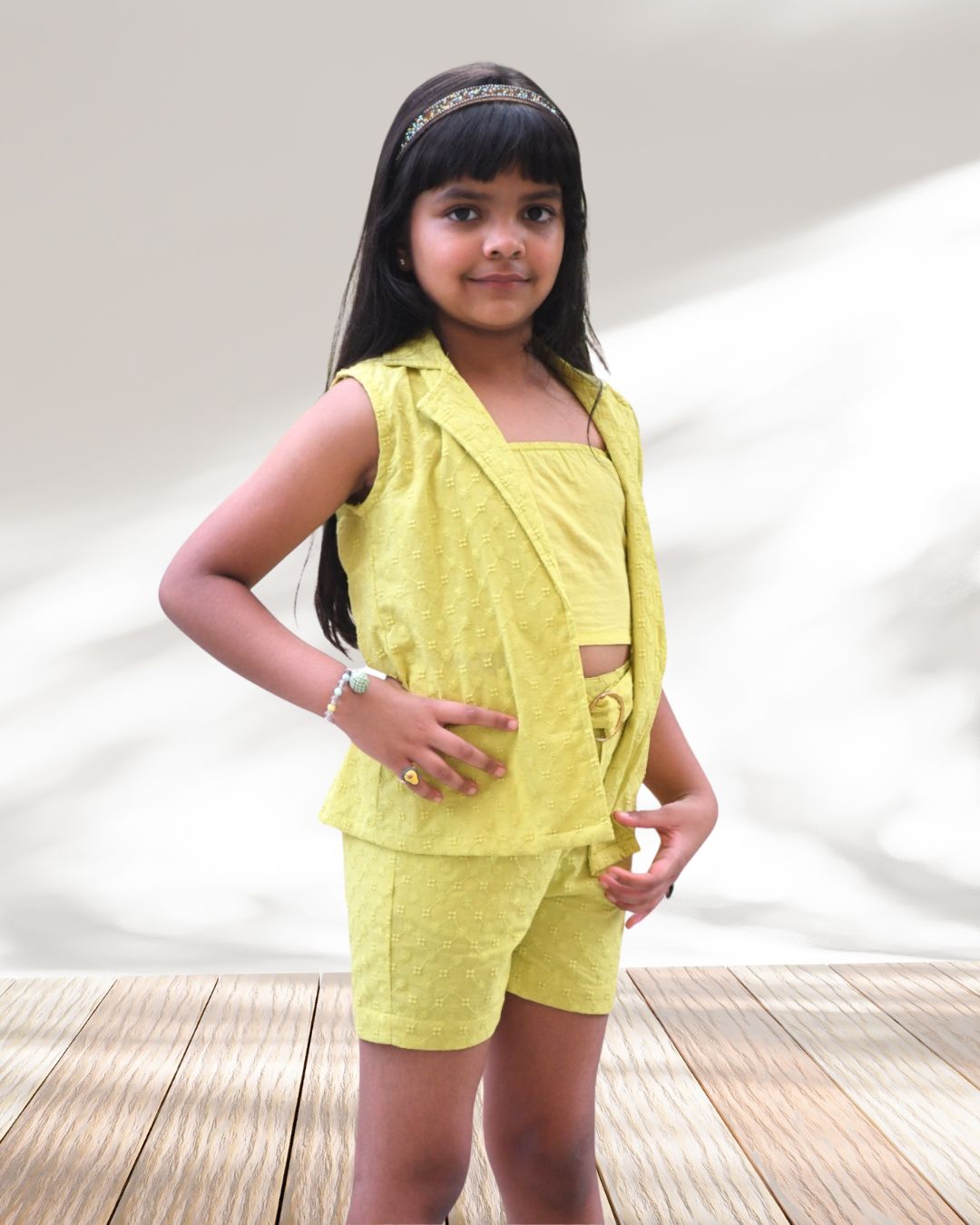 Poppy Cotton Lime 3 Pcs Co - ord Set for Girls - Black & Gold