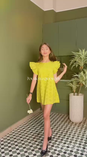Cut Sleeve Floral Schiffli Mustard Yellow Dress for Girls