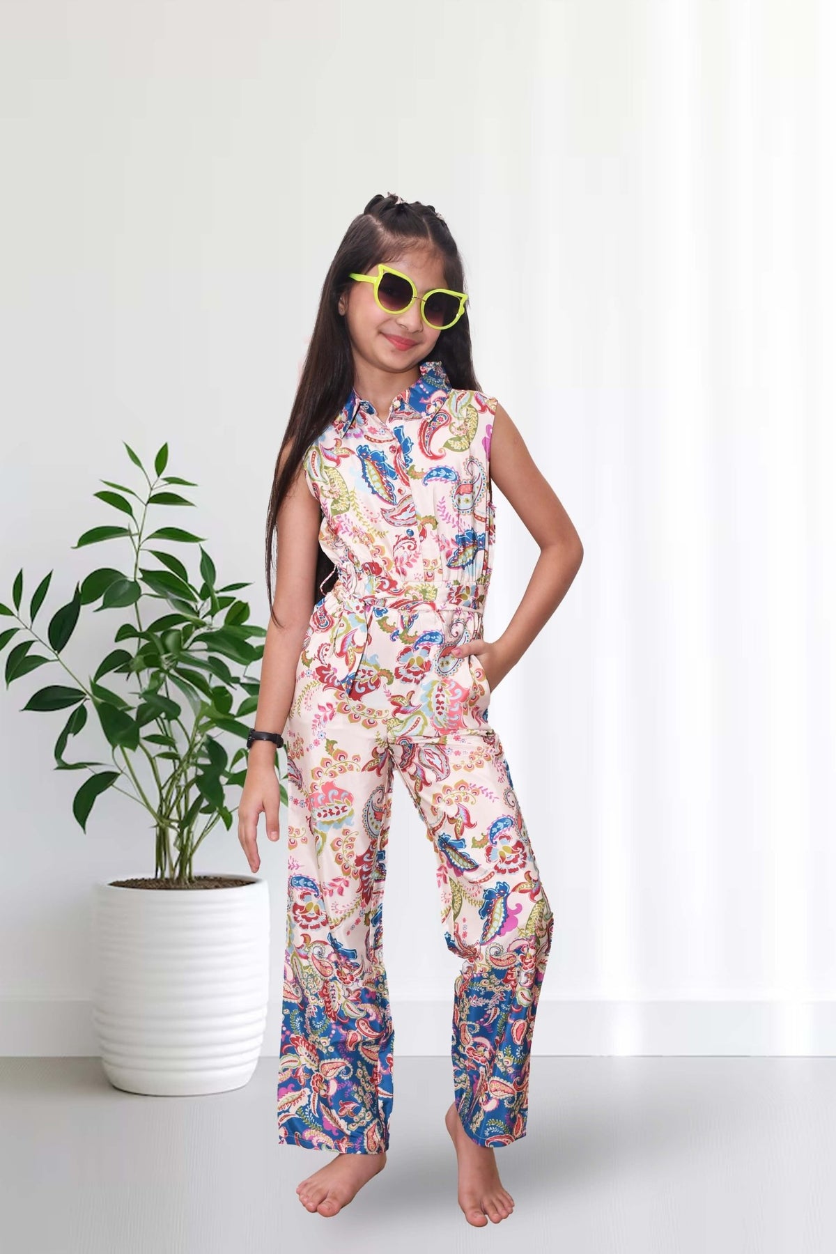 Rhoda Floral Printed Sleeveless Jumpsuit for Girls - Black & Gold