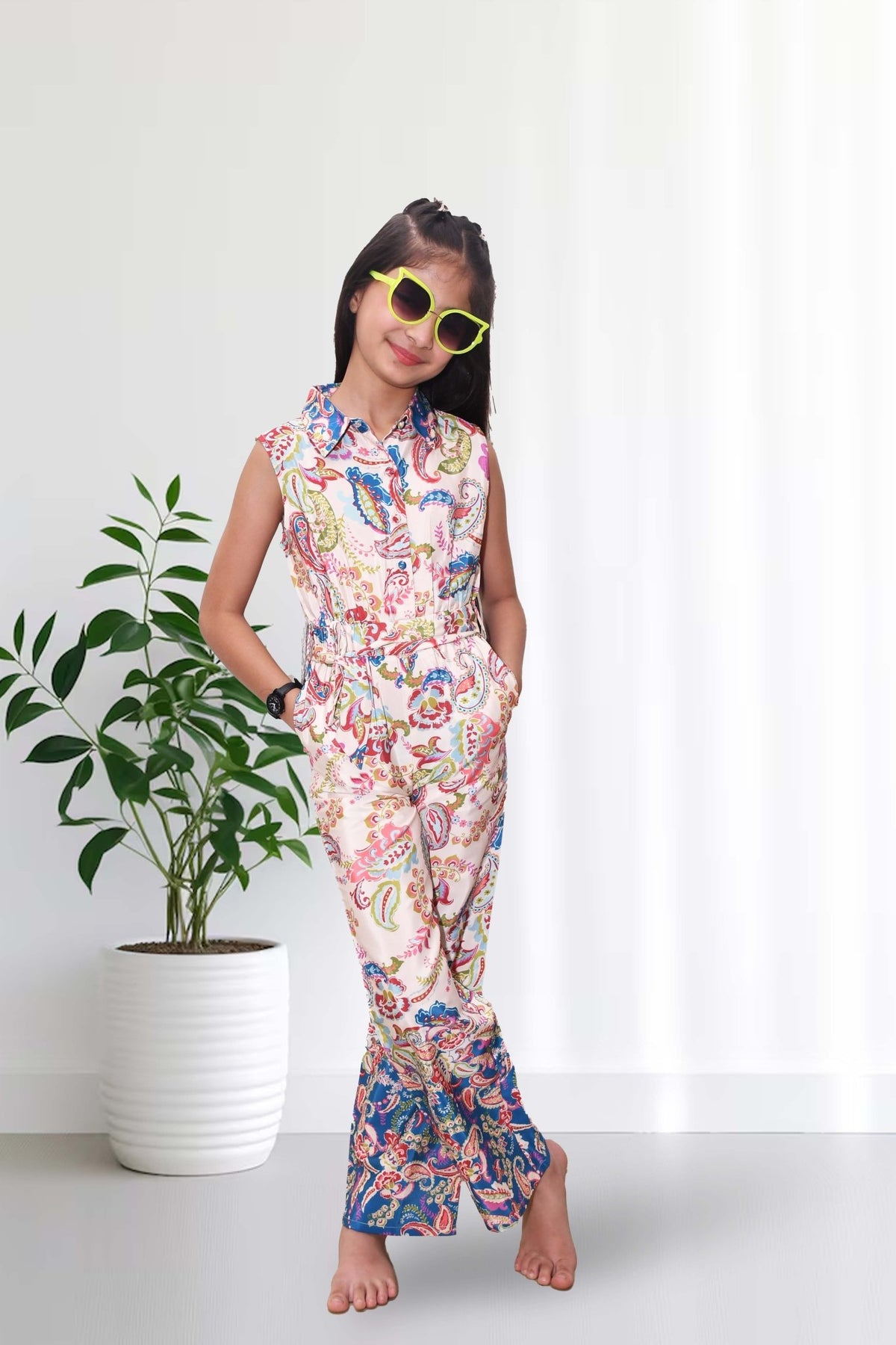 Rhoda Floral Printed Sleeveless Jumpsuit for Girls - Black & Gold