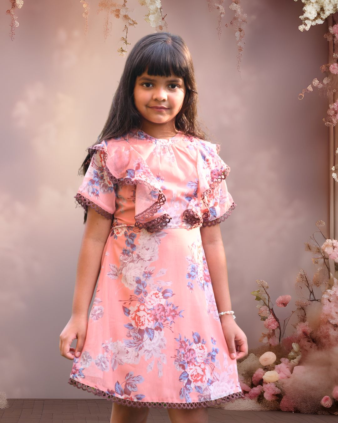 Sage Peach Floral Printed Ruffle Sleeves A - line Dress for Girls - Black & Gold