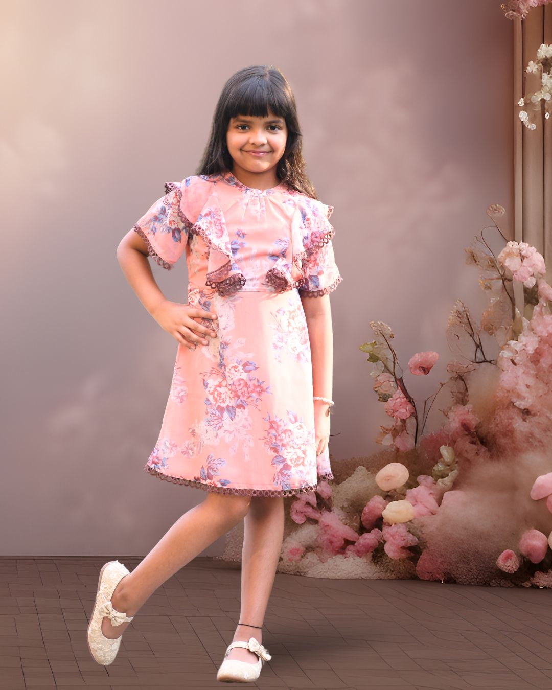 Sage Peach Floral Printed Ruffle Sleeves A - line Dress for Girls - Black & Gold