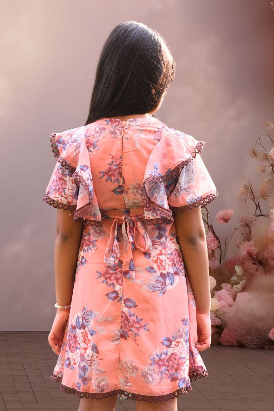 Sage Peach Floral Printed Ruffle Sleeves A - line Dress for Girls - Black & Gold