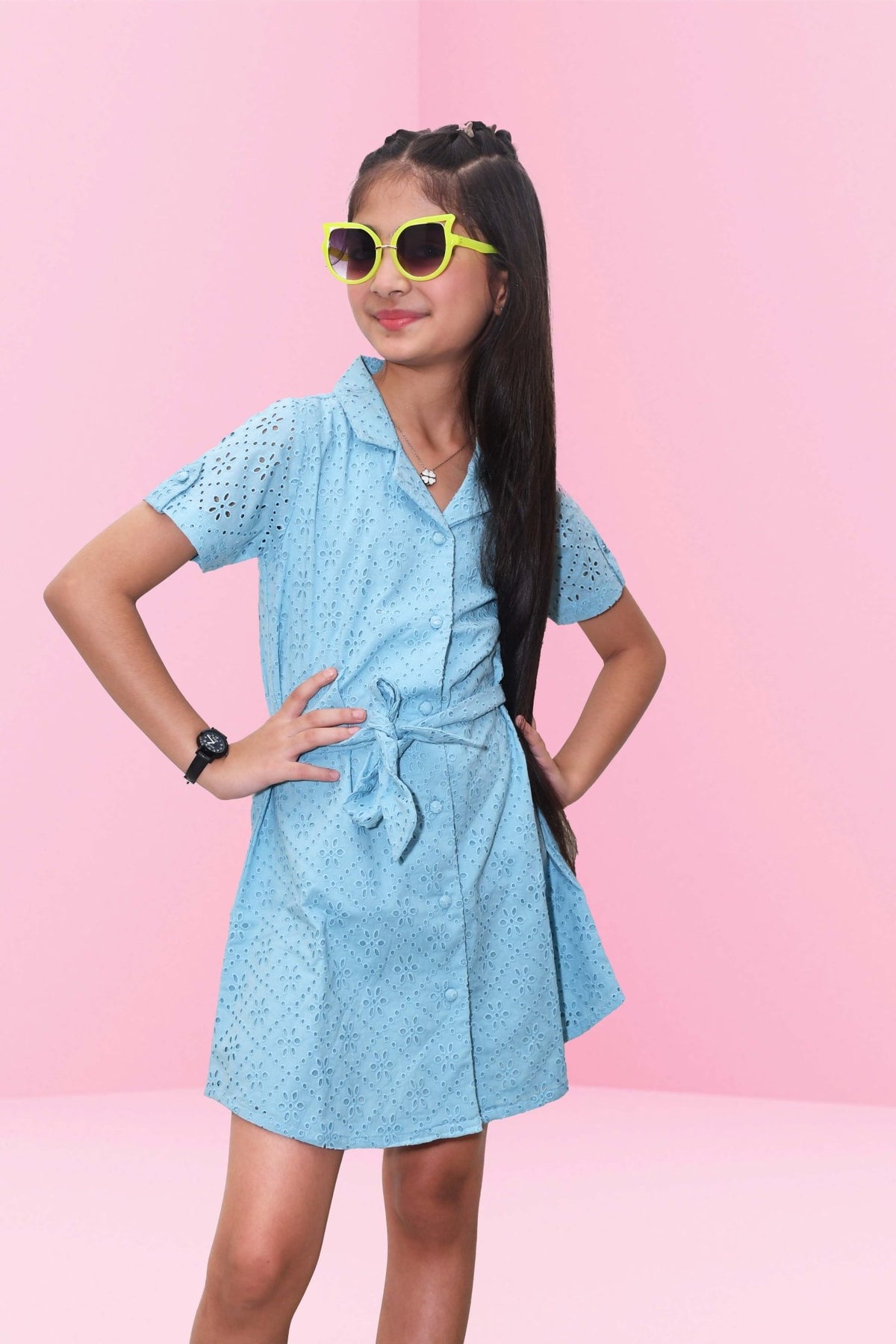 Sky Blue Cassia Cotton Schflly Short Shirt Dress For Girls - Black & Gold