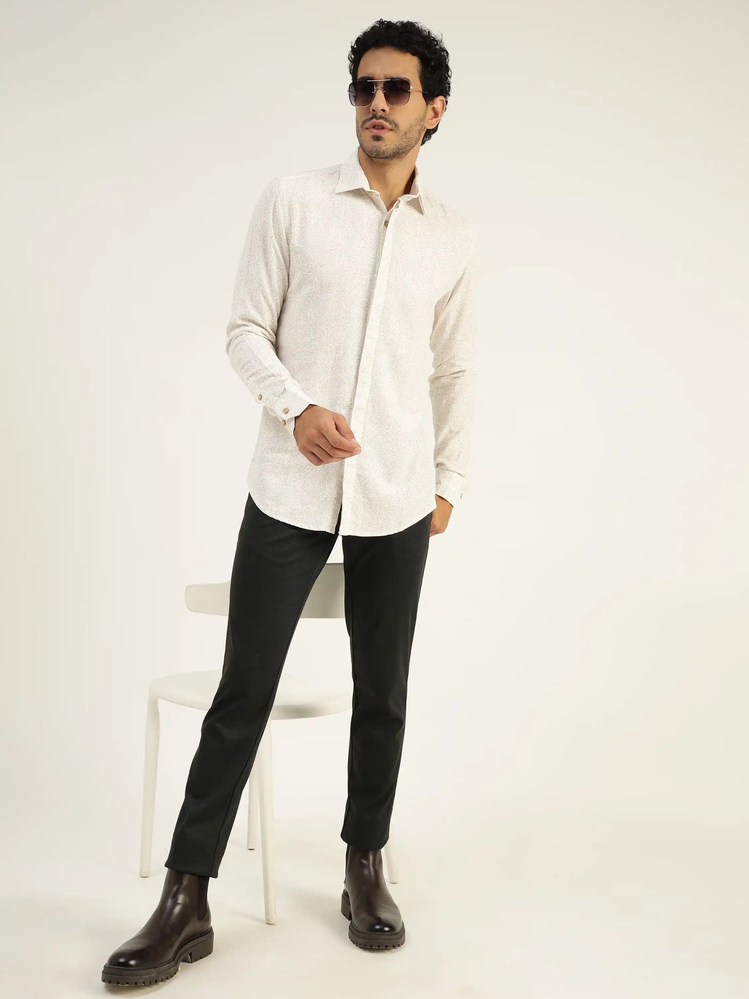 Sorrel White Printed Linen Shirt - Black & Gold