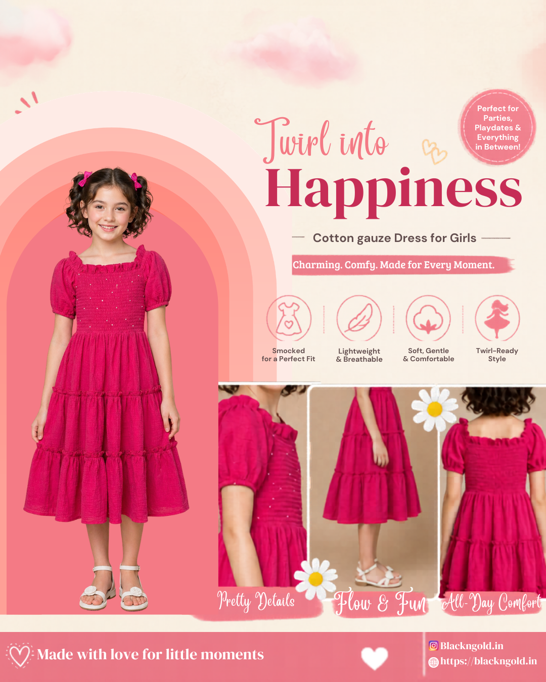 Hand worked Beads on Pure Cotton Hot Pink Textured Dress for Kids Girls