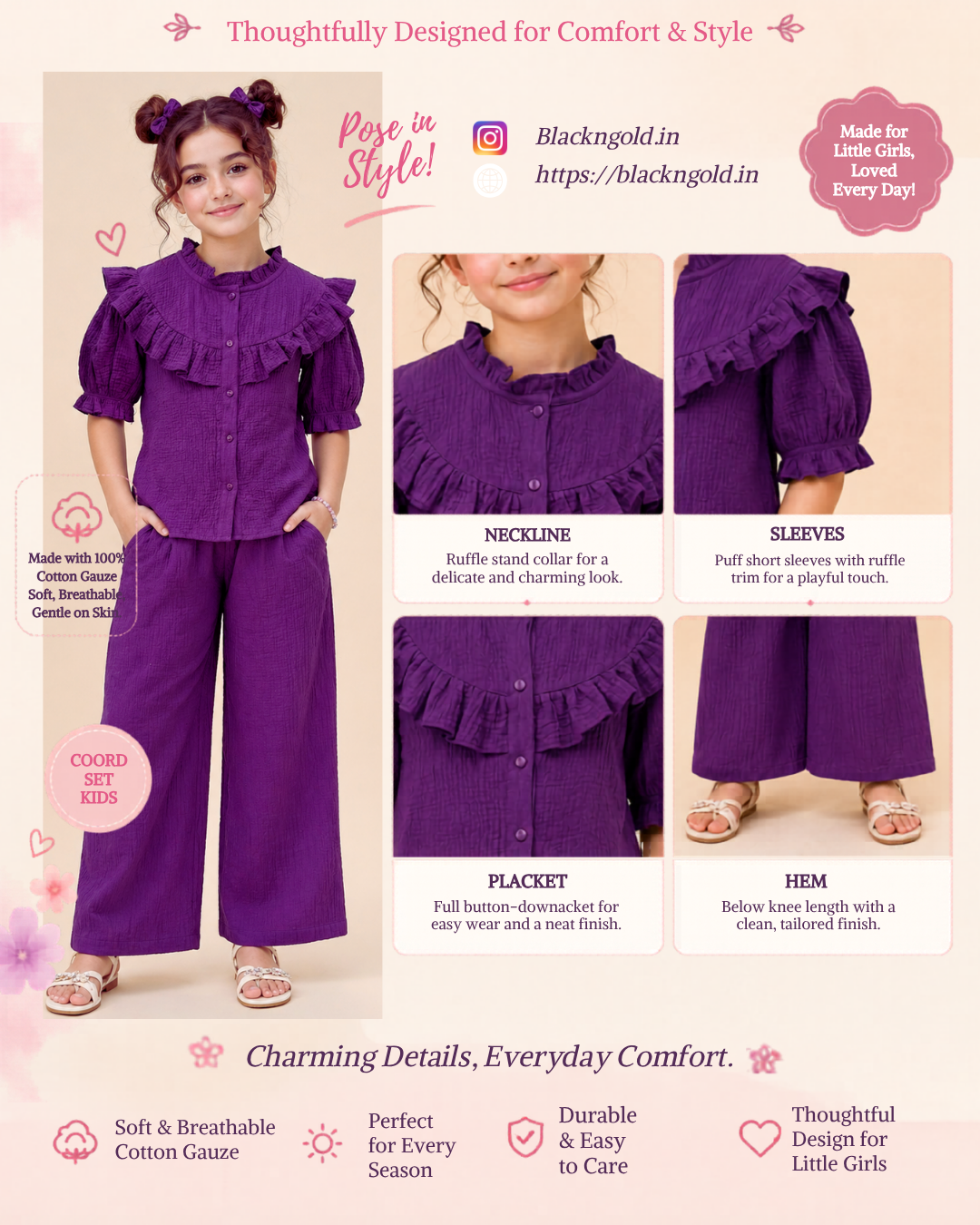 Electric Purple Pure Cotton Co-ord Set for Kids Girls