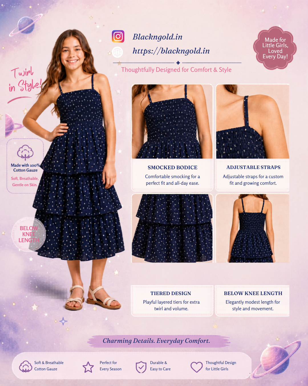 Pure Cotton Sleeveless Star Printed Navy Blue Midi Dress for Girls