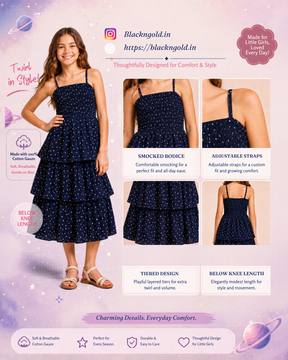 Pure Cotton Sleeveless Star Printed Navy Blue Midi Dress for Girls