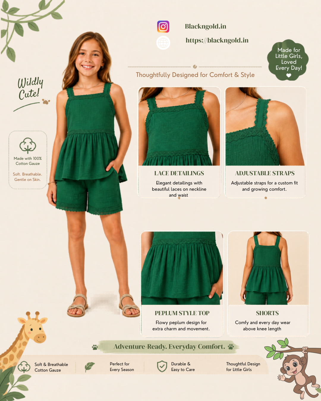 Pure Cotton Gauze Fabric Sleeveless Bottle Green Co-ord set for Girls