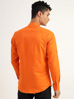 Vivid Orange Linen Kurta Shirt - Black & Gold