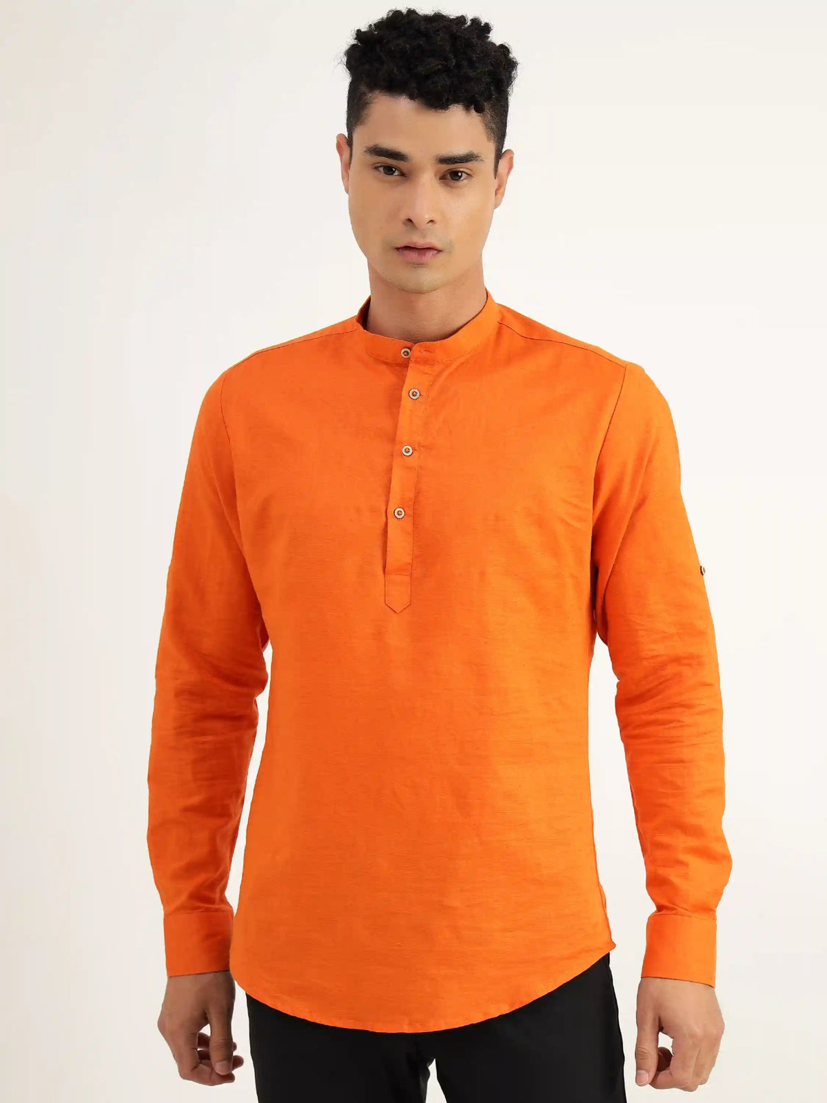 Vivid Orange Linen Kurta Shirt - Black & Gold