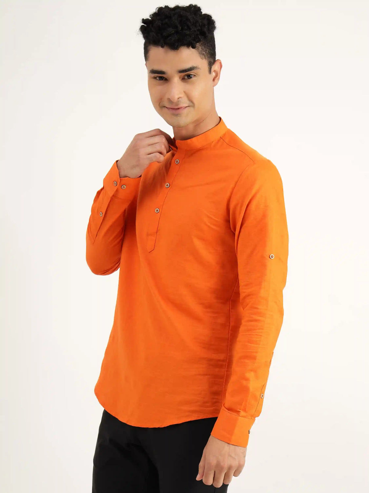 Vivid Orange Linen Kurta Shirt - Black & Gold