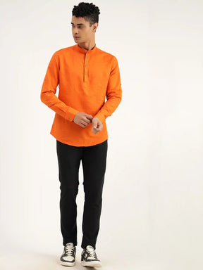 Vivid Orange Linen Kurta Shirt - Black & Gold