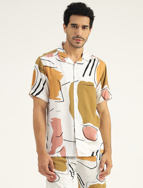 White & Brown Printed Rayon Shirt for Men - Black & Gold