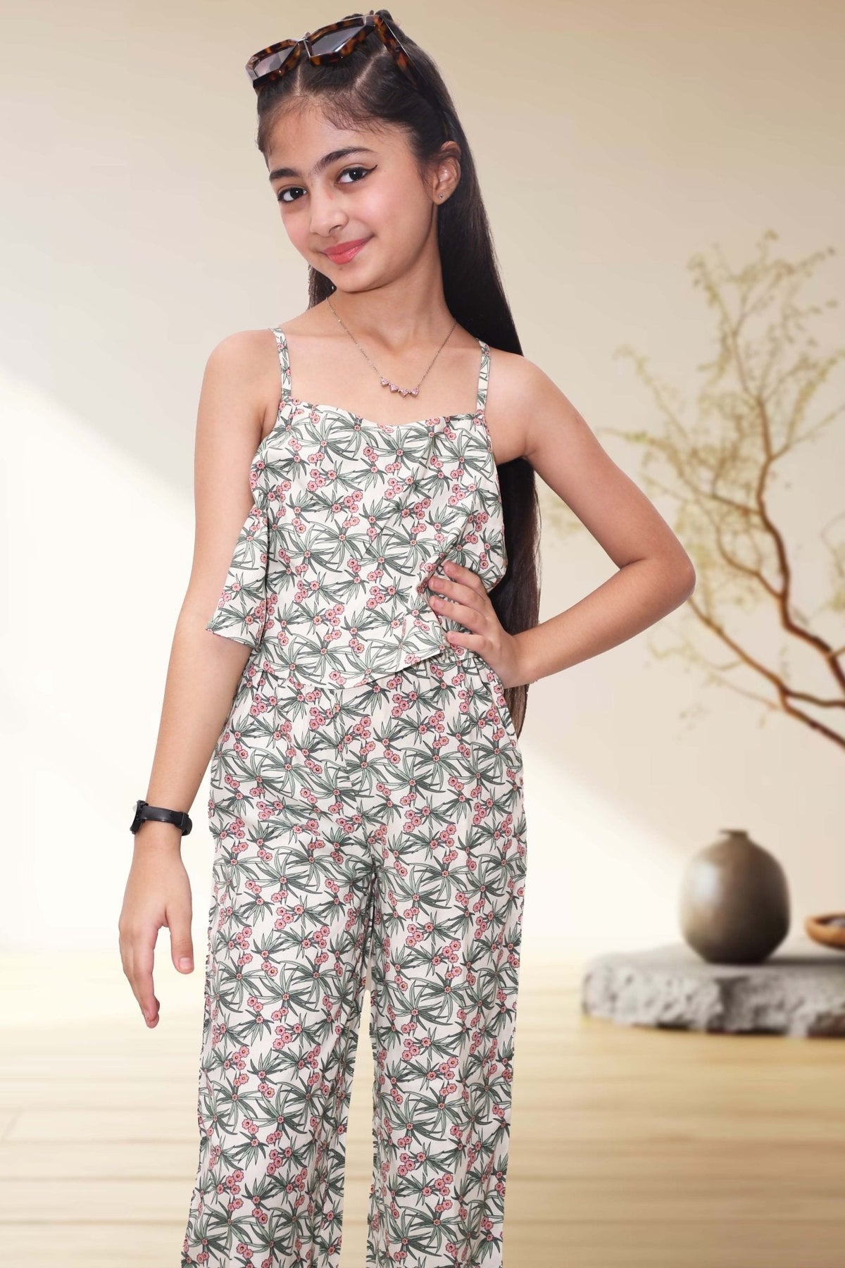 Willow Green Floral Printed Viscose Rayon Jumpsuit for Girls - Black & Gold