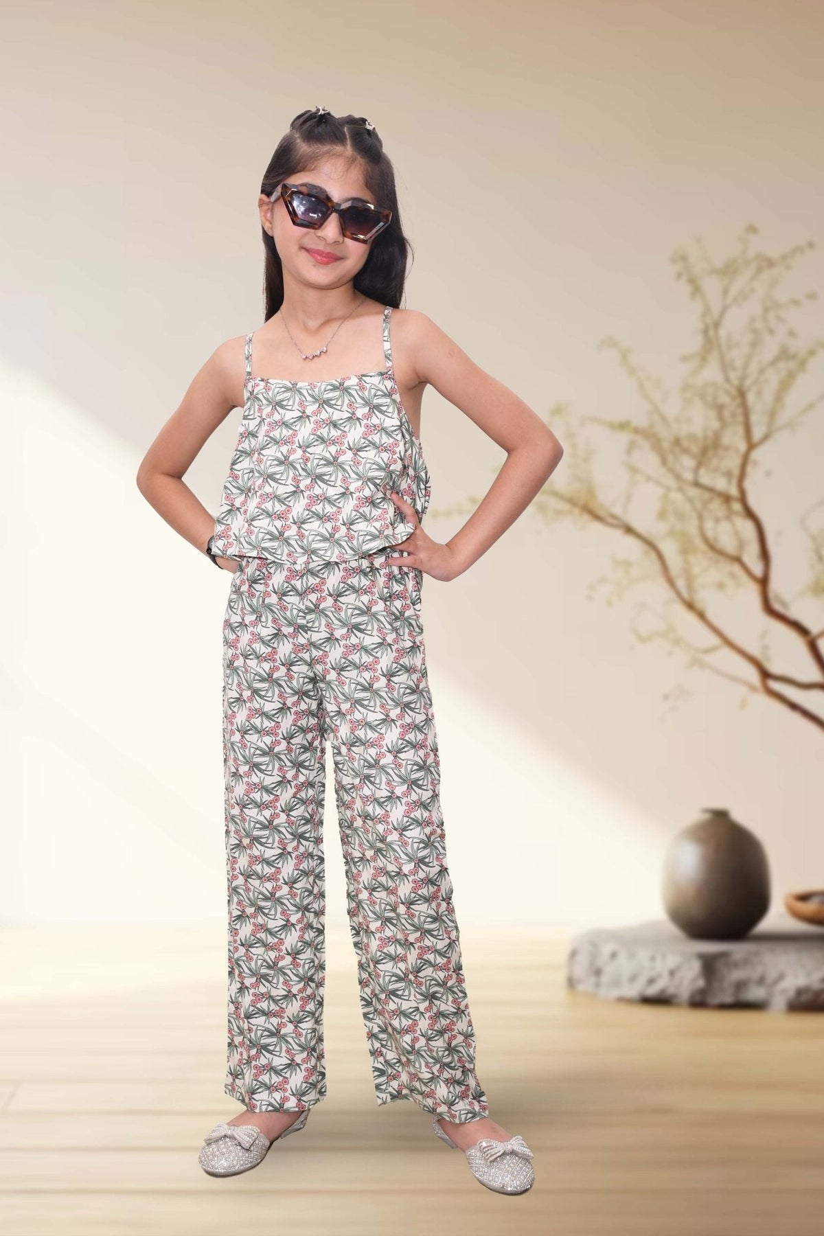 Willow Green Floral Printed Viscose Rayon Jumpsuit for Girls - Black & Gold