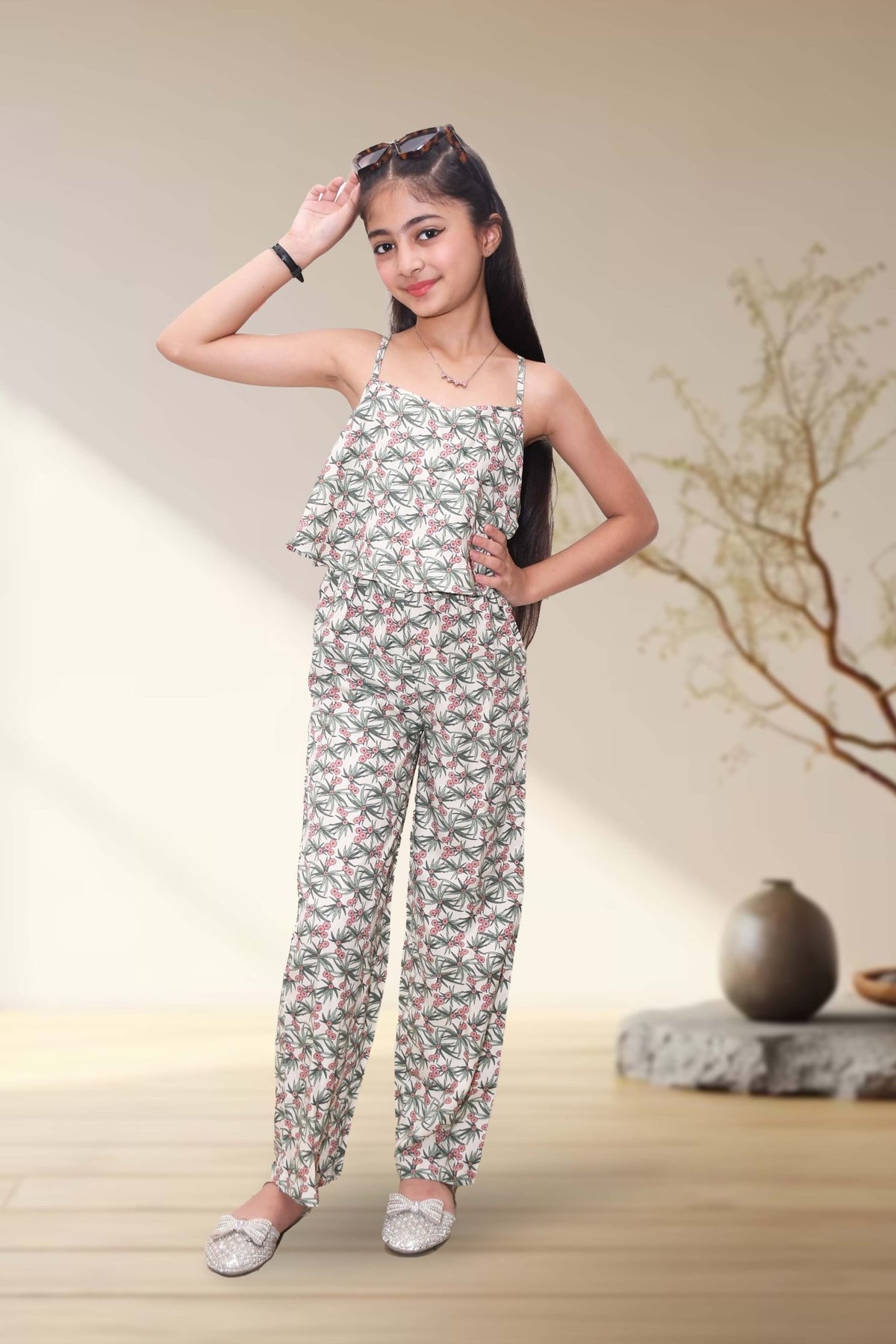 Willow Green Floral Printed Viscose Rayon Jumpsuit for Girls - Black & Gold